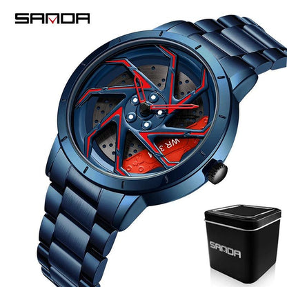 SANDA P1088 Hot Sell Stainless Steel Band Watch Premium Quartz Movement Car Rim Wheel Shaped Rotating Dial Relogio Masculino - RUBASOnullRUBASORUBASOnull