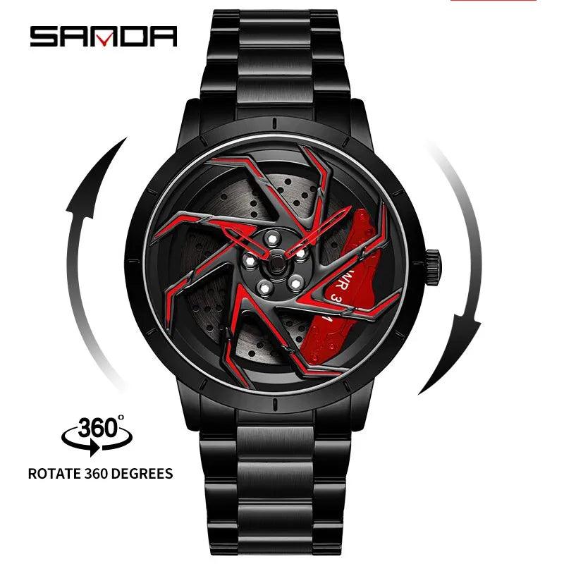 SANDA P1088 Hot Sell Stainless Steel Band Watch Premium Quartz Movement Car Rim Wheel Shaped Rotating Dial Relogio Masculino - RUBASOnullRUBASORUBASOnull