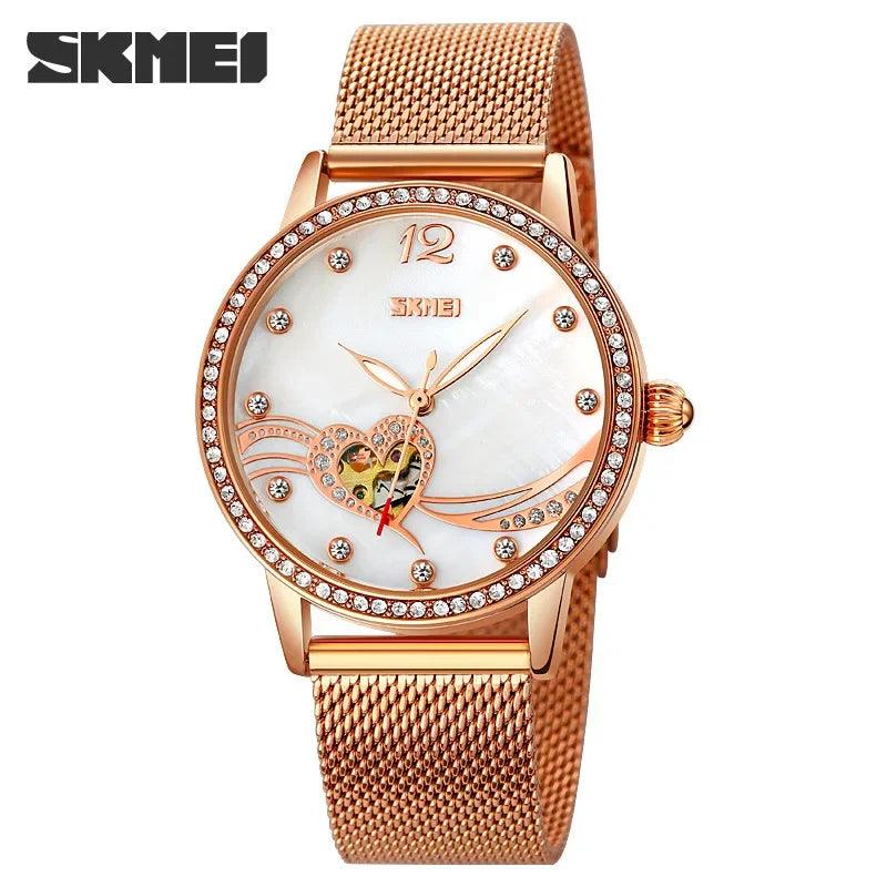 SKMEI Fashion Elegant Women's Fully Automatic Watch Heart shaped Hollow Water Diamond Night Glow Mechanical Watch zegarek damski - RUBASO