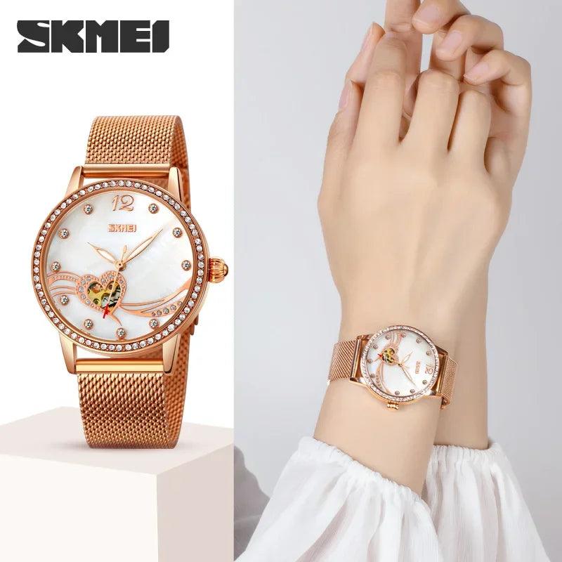 SKMEI Fashion Elegant Women's Fully Automatic Watch Heart shaped Hollow Water Diamond Night Glow Mechanical Watch zegarek damski - RUBASO