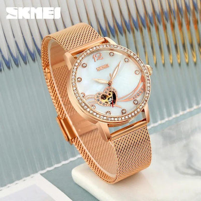 SKMEI Fashion Elegant Women's Fully Automatic Watch Heart shaped Hollow Water Diamond Night Glow Mechanical Watch zegarek damski - RUBASO