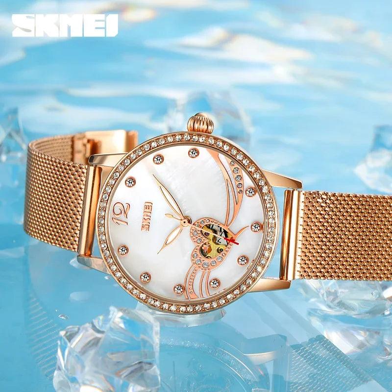 SKMEI Fashion Elegant Women's Fully Automatic Watch Heart shaped Hollow Water Diamond Night Glow Mechanical Watch zegarek damski - RUBASO