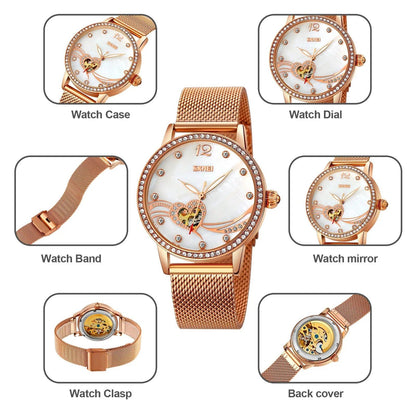 SKMEI Fashion Elegant Women's Fully Automatic Watch Heart shaped Hollow Water Diamond Night Glow Mechanical Watch zegarek damski - RUBASO