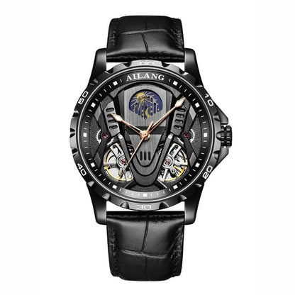 Unique Design Double Tourbillon Men's Black Steel Dial Watch Moon Phase Waterproof Automatic Mechanical Watches Leather Strap - RUBASO